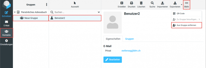 Das Menü eines Kontakts mit dem Eintrag zum Entfernen aus der Gruppe