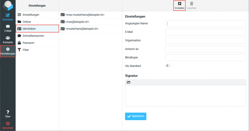 Die Eingabemaske für eine neue Identität