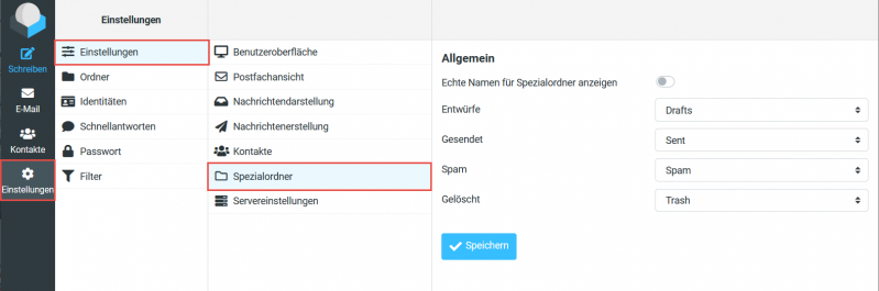 Die Zuweisung der Spezialordner für Entwürfe, Gesendet, Spam und Gelöscht