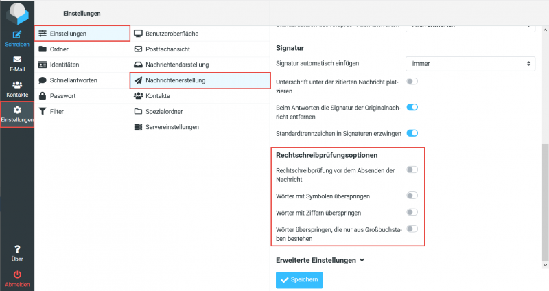 Die Optionen der Rechtschreibprüfung im Bereich Nachrichtenerstellung