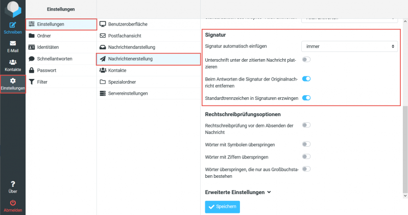 Die Signatur-Optionen im Bereich Nachrichtenerstellung